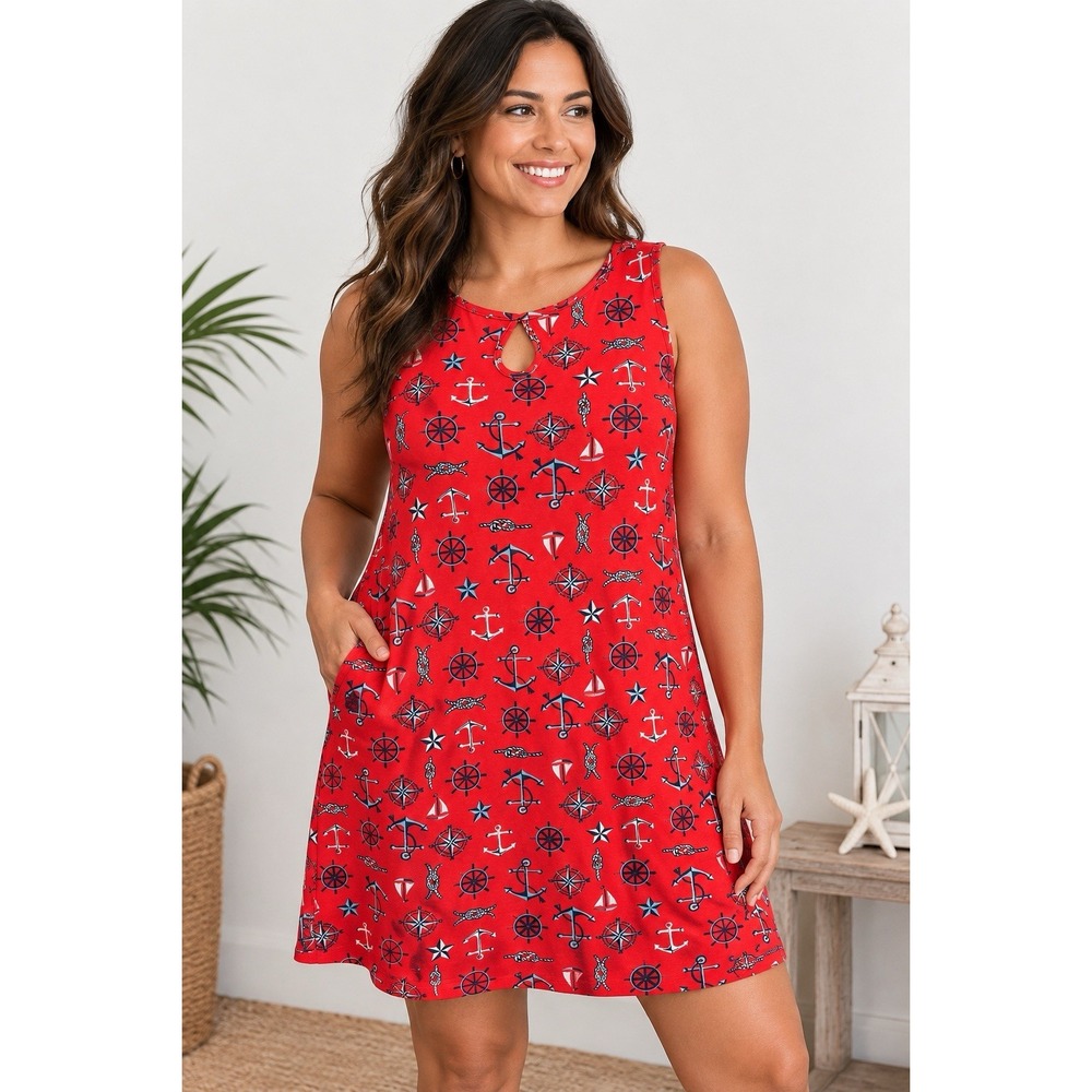 Quacker Factory Nautical Novelty Print Dress Large Red White Blue Cruise Dress